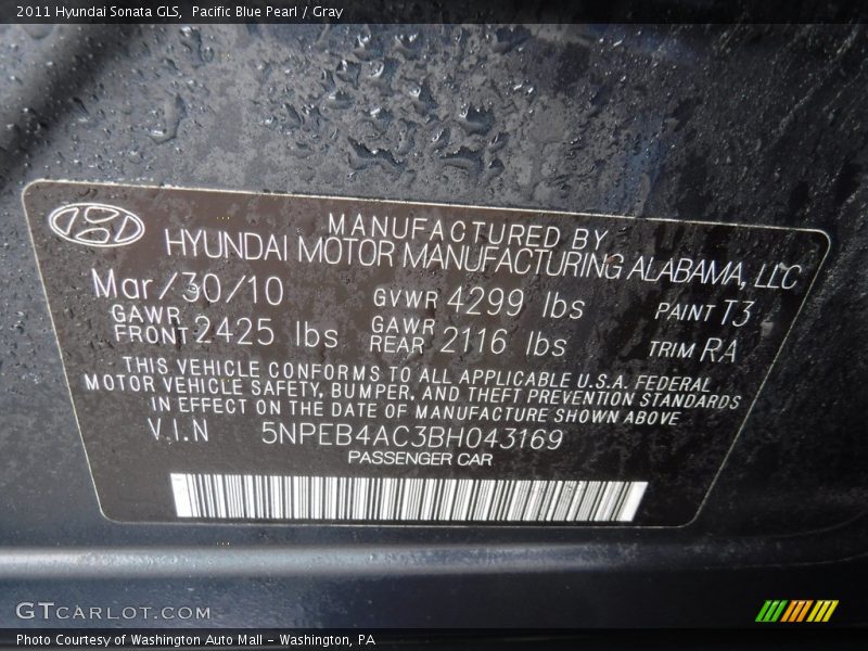Pacific Blue Pearl / Gray 2011 Hyundai Sonata GLS