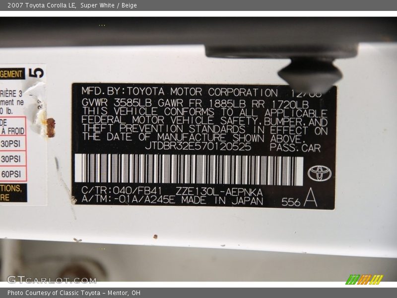 Super White / Beige 2007 Toyota Corolla LE