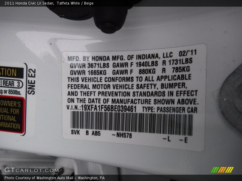 Taffeta White / Beige 2011 Honda Civic LX Sedan