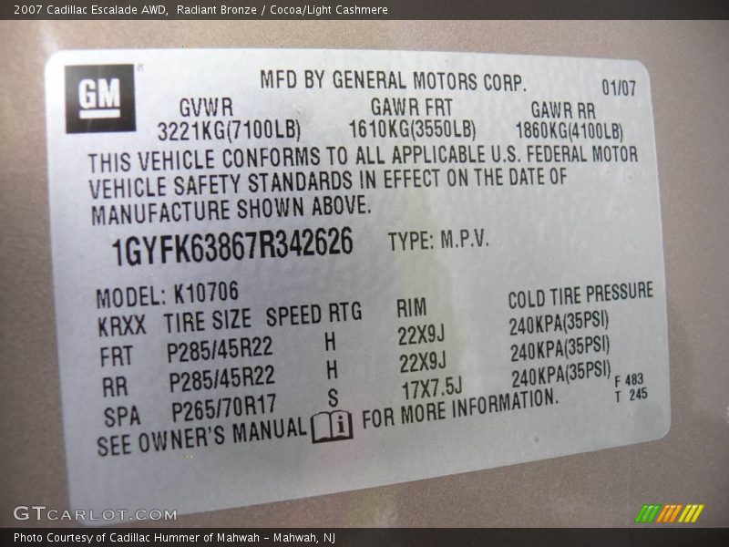 Radiant Bronze / Cocoa/Light Cashmere 2007 Cadillac Escalade AWD