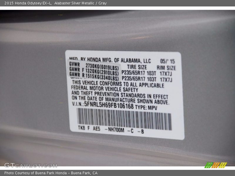 Alabaster Silver Metallic / Gray 2015 Honda Odyssey EX-L