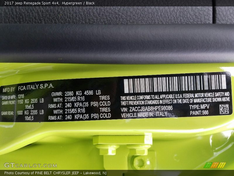 2017 Renegade Sport 4x4 Hypergreen Color Code 566