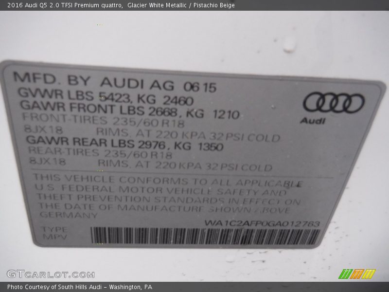 Glacier White Metallic / Pistachio Beige 2016 Audi Q5 2.0 TFSI Premium quattro