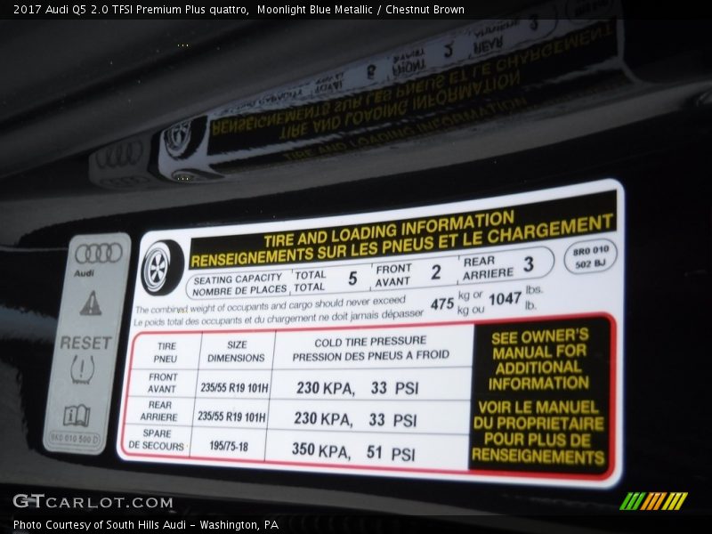 Moonlight Blue Metallic / Chestnut Brown 2017 Audi Q5 2.0 TFSI Premium Plus quattro