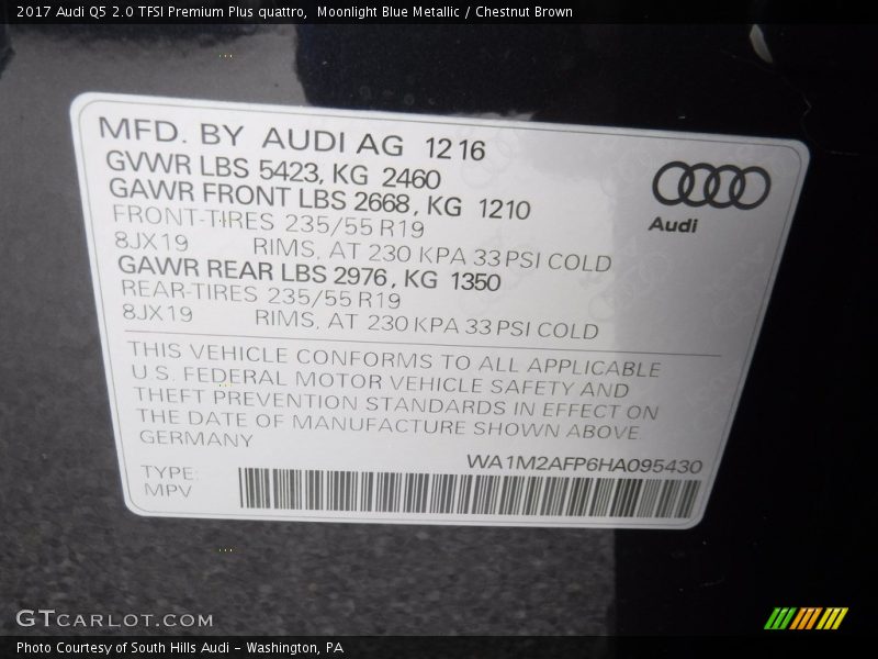 Moonlight Blue Metallic / Chestnut Brown 2017 Audi Q5 2.0 TFSI Premium Plus quattro