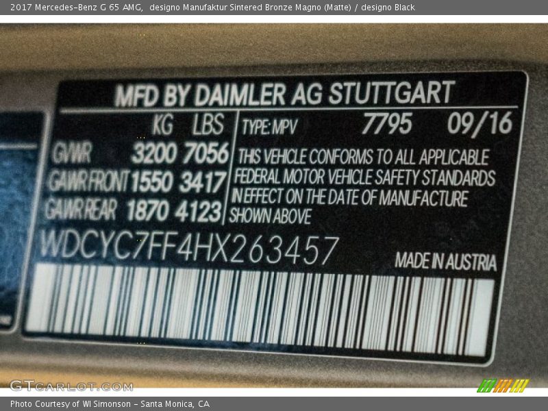 2017 G 65 AMG designo Manufaktur Sintered Bronze Magno (Matte) Color Code 7795