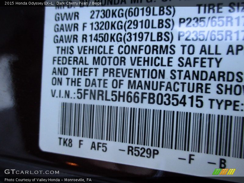 Dark Cherry Pearl / Beige 2015 Honda Odyssey EX-L