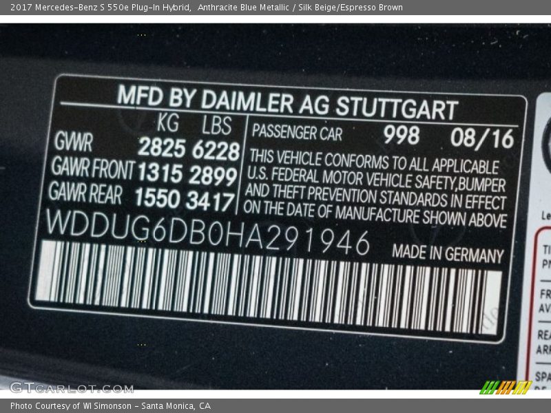 2017 S 550e Plug-In Hybrid Anthracite Blue Metallic Color Code 998
