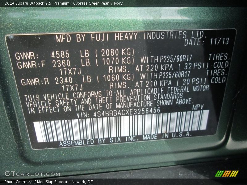 Cypress Green Pearl / Ivory 2014 Subaru Outback 2.5i Premium