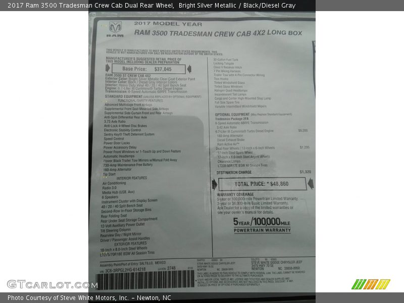 Bright Silver Metallic / Black/Diesel Gray 2017 Ram 3500 Tradesman Crew Cab Dual Rear Wheel