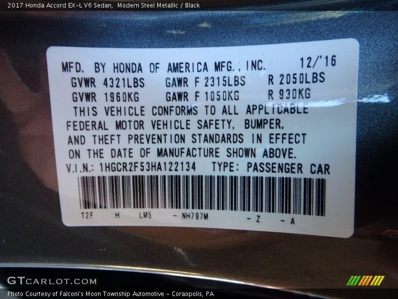 Modern Steel Metallic / Black 2017 Honda Accord EX-L V6 Sedan