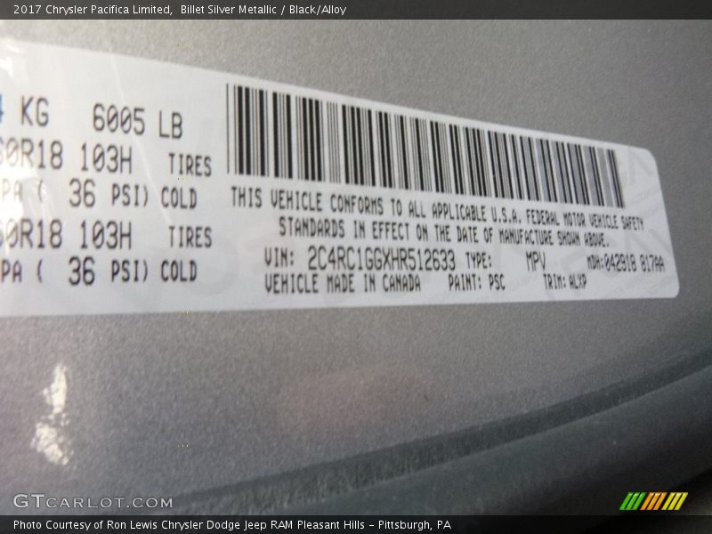 Billet Silver Metallic / Black/Alloy 2017 Chrysler Pacifica Limited