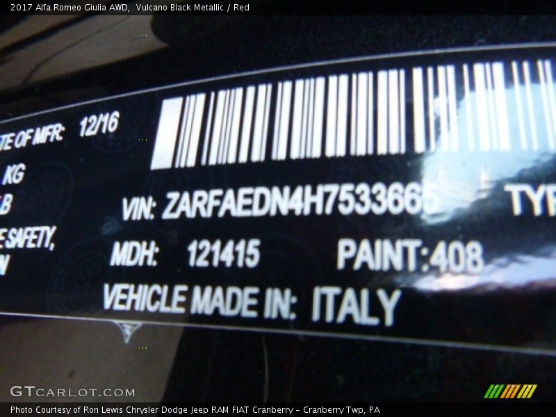 2017 Giulia AWD Vulcano Black Metallic Color Code 408