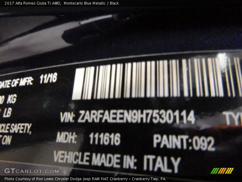 2017 Giulia Ti AWD Montecarlo Blue Metallic Color Code 092