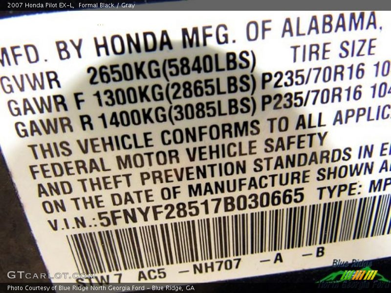 Formal Black / Gray 2007 Honda Pilot EX-L
