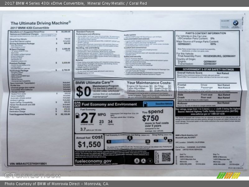  2017 4 Series 430i xDrive Convertible Window Sticker