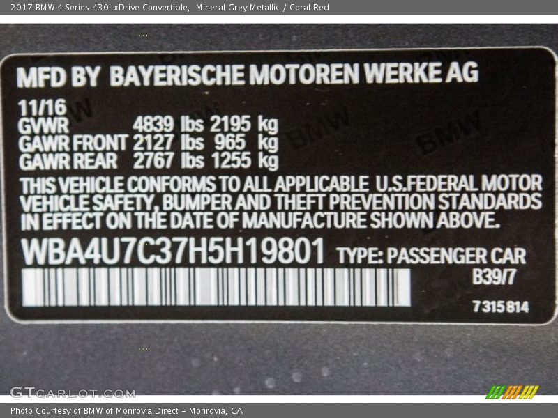 2017 4 Series 430i xDrive Convertible Mineral Grey Metallic Color Code B39