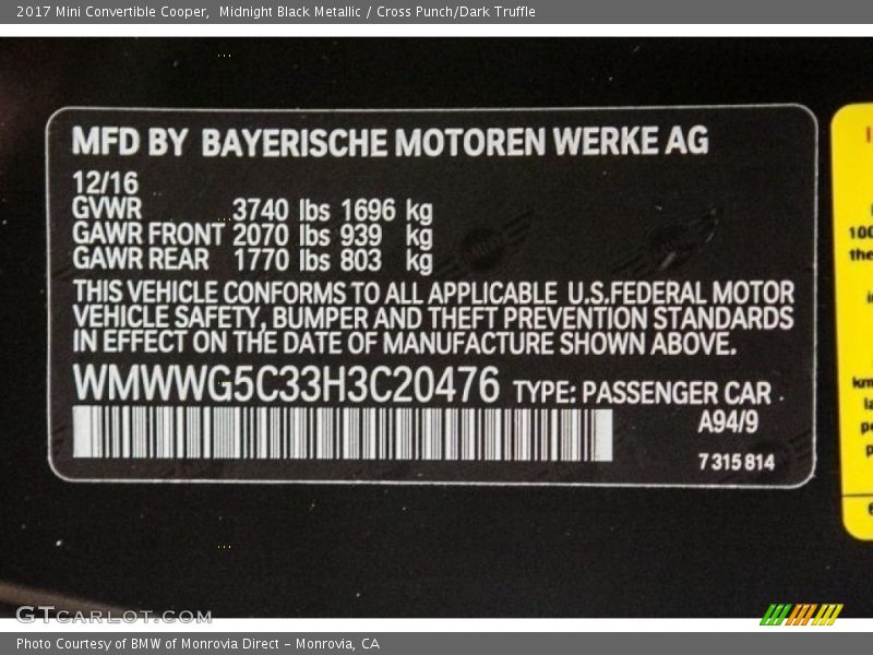 2017 Convertible Cooper Midnight Black Metallic Color Code A94