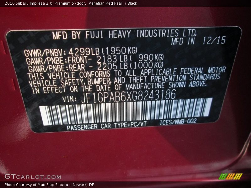Venetian Red Pearl / Black 2016 Subaru Impreza 2.0i Premium 5-door