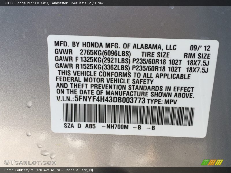 Alabaster Silver Metallic / Gray 2013 Honda Pilot EX 4WD