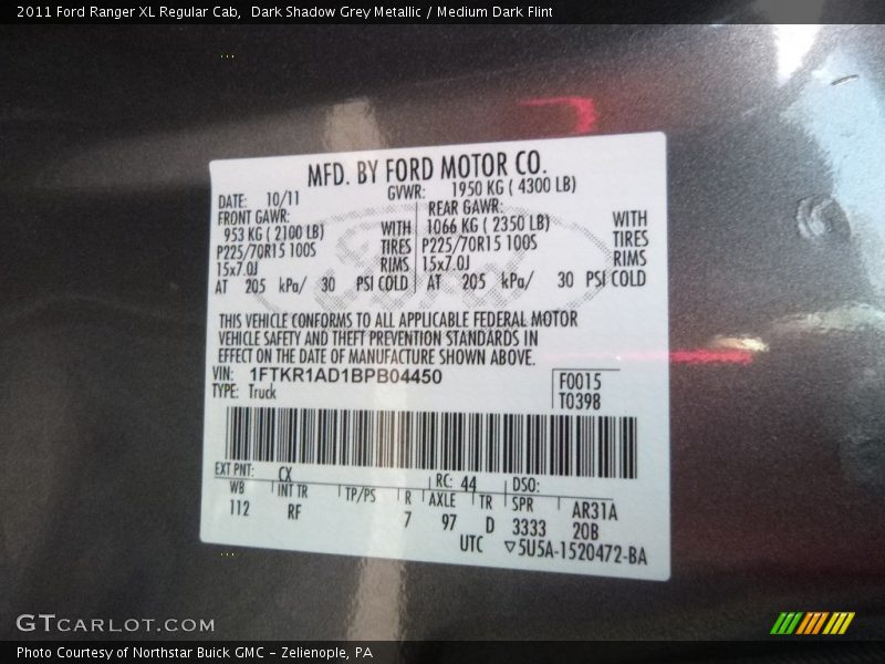 Dark Shadow Grey Metallic / Medium Dark Flint 2011 Ford Ranger XL Regular Cab
