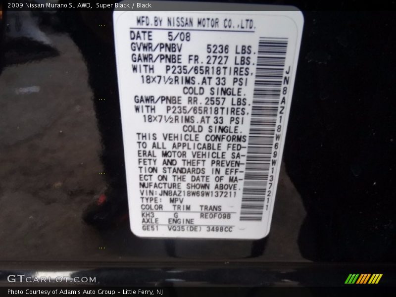 Super Black / Black 2009 Nissan Murano SL AWD