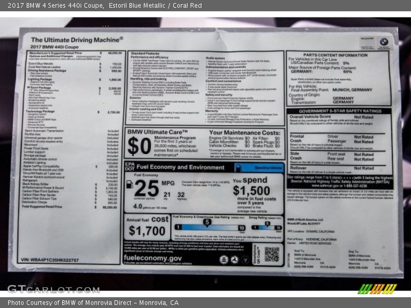  2017 4 Series 440i Coupe Window Sticker