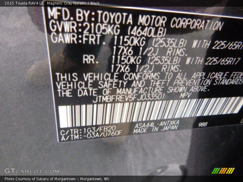 Magnetic Gray Metallic / Black 2015 Toyota RAV4 LE