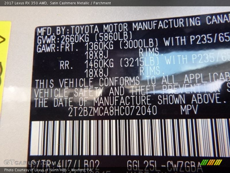 Satin Cashmere Metallic / Parchment 2017 Lexus RX 350 AWD