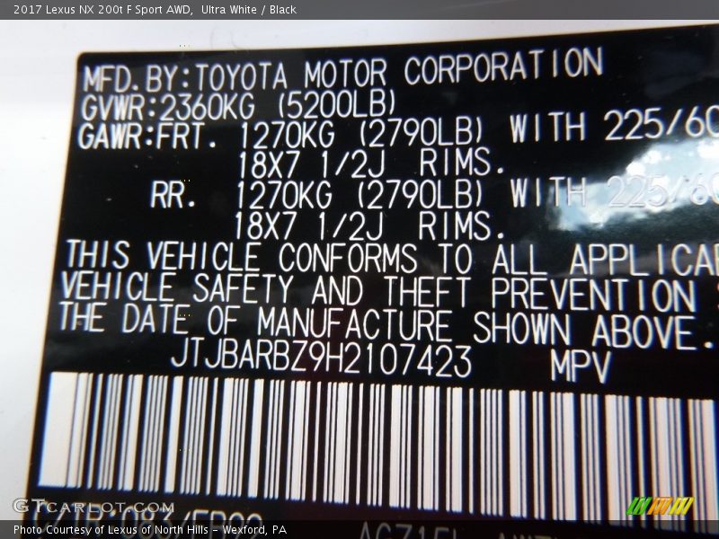 2017 NX 200t F Sport AWD Ultra White Color Code 083