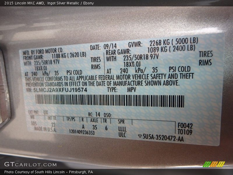 Ingot Silver Metallic / Ebony 2015 Lincoln MKC AWD