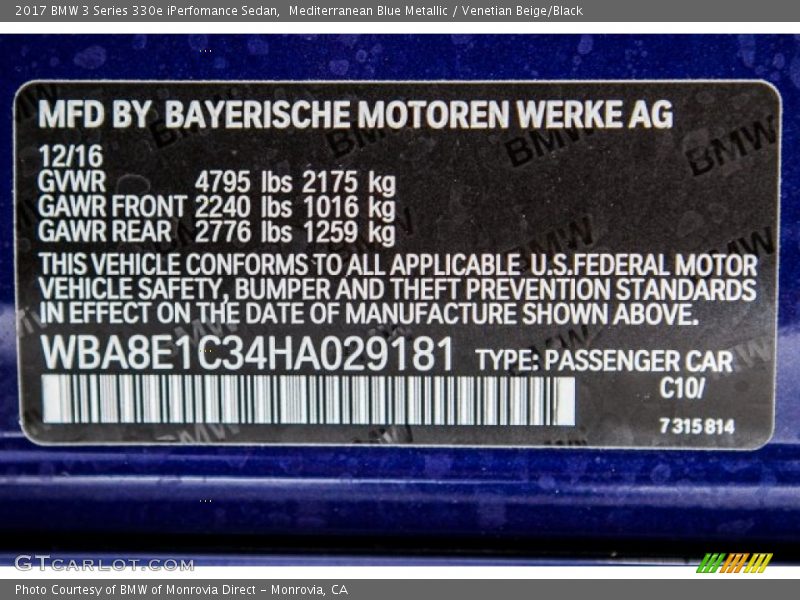 Mediterranean Blue Metallic / Venetian Beige/Black 2017 BMW 3 Series 330e iPerfomance Sedan