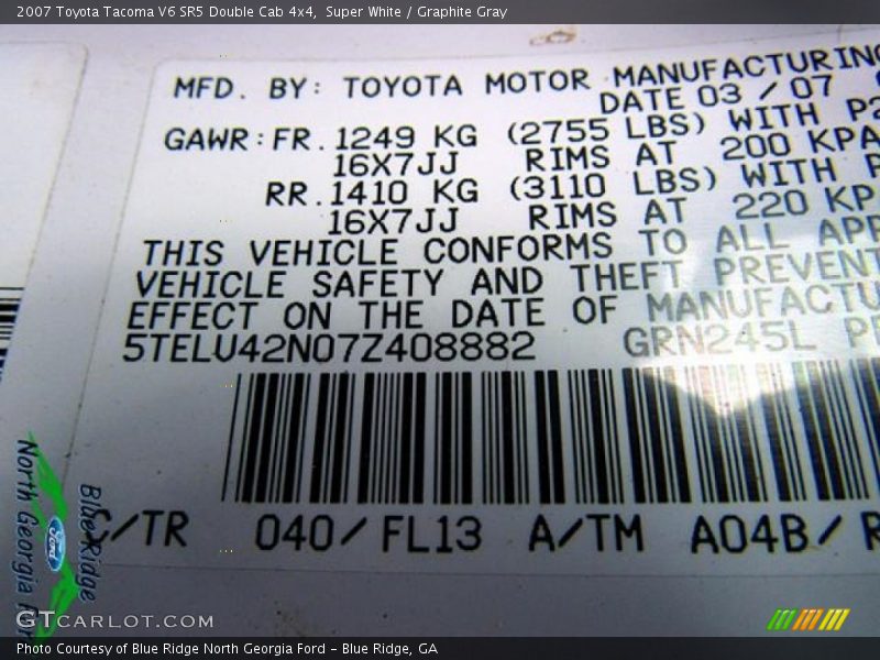 Super White / Graphite Gray 2007 Toyota Tacoma V6 SR5 Double Cab 4x4