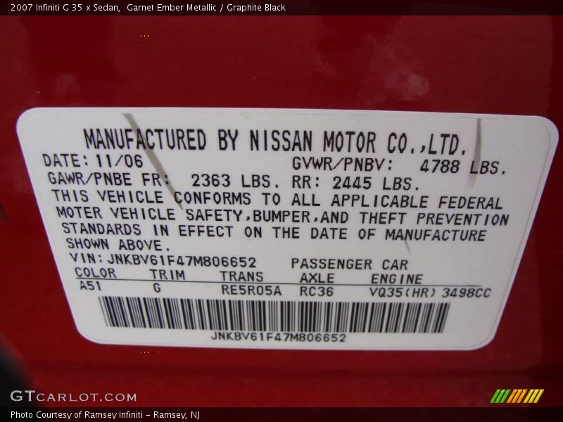 Garnet Ember Metallic / Graphite Black 2007 Infiniti G 35 x Sedan