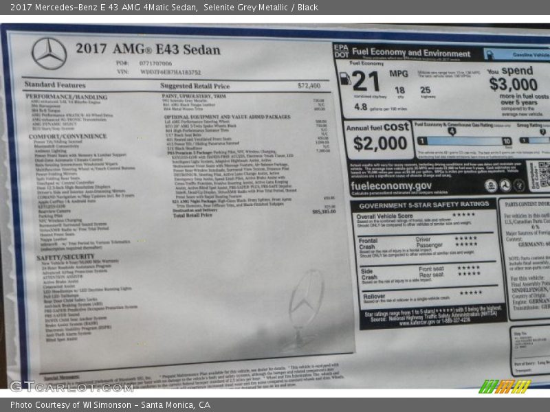  2017 E 43 AMG 4Matic Sedan Window Sticker