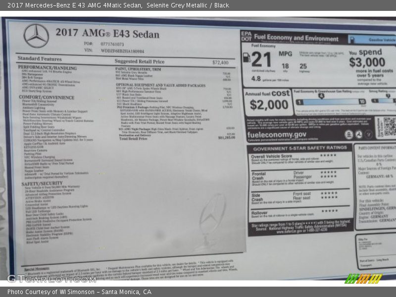  2017 E 43 AMG 4Matic Sedan Window Sticker