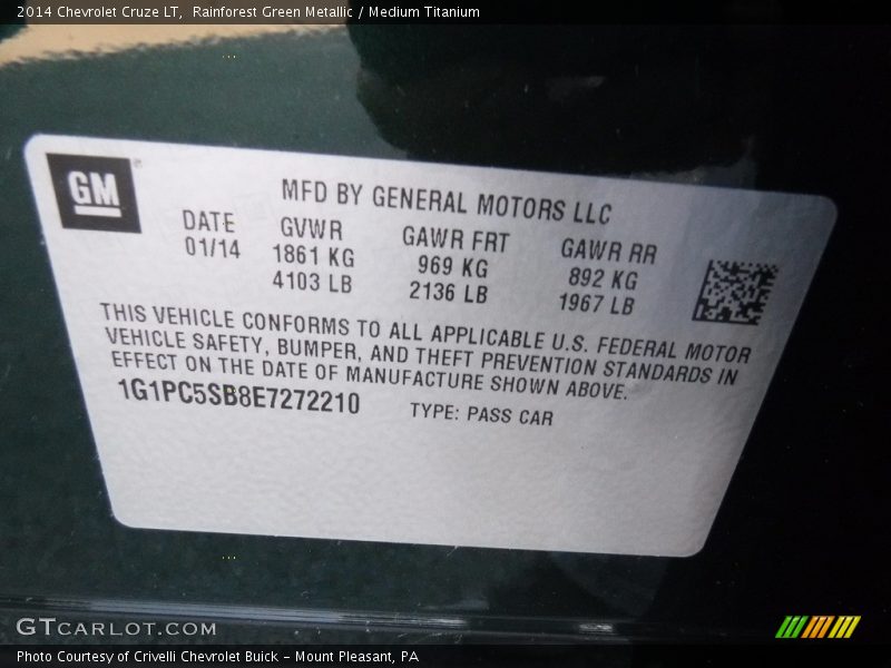 Rainforest Green Metallic / Medium Titanium 2014 Chevrolet Cruze LT