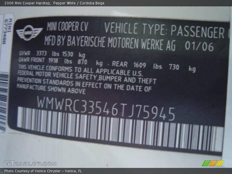 Pepper White / Cordoba Beige 2006 Mini Cooper Hardtop