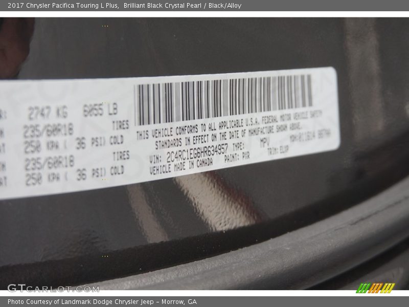 Brilliant Black Crystal Pearl / Black/Alloy 2017 Chrysler Pacifica Touring L Plus