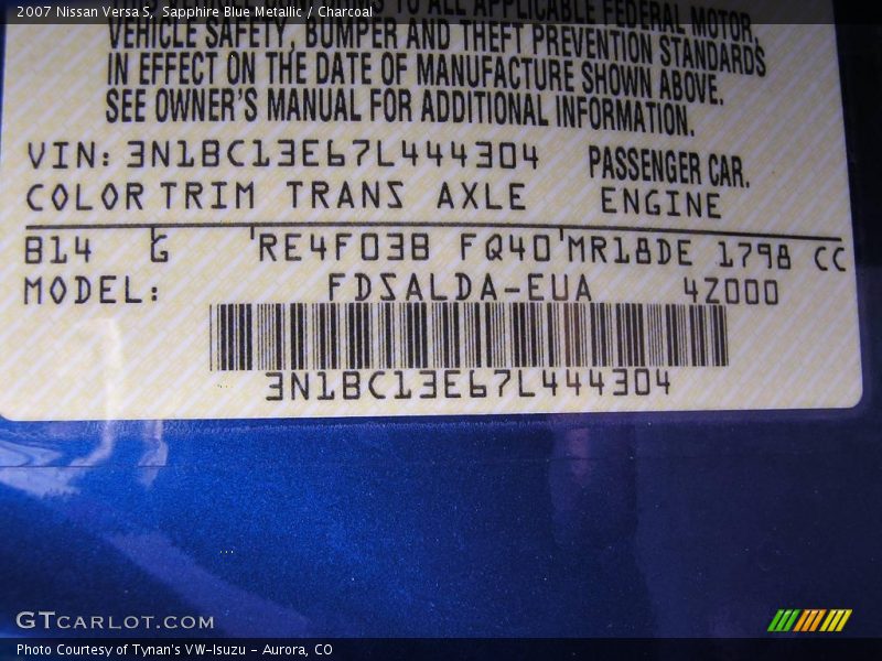Sapphire Blue Metallic / Charcoal 2007 Nissan Versa S
