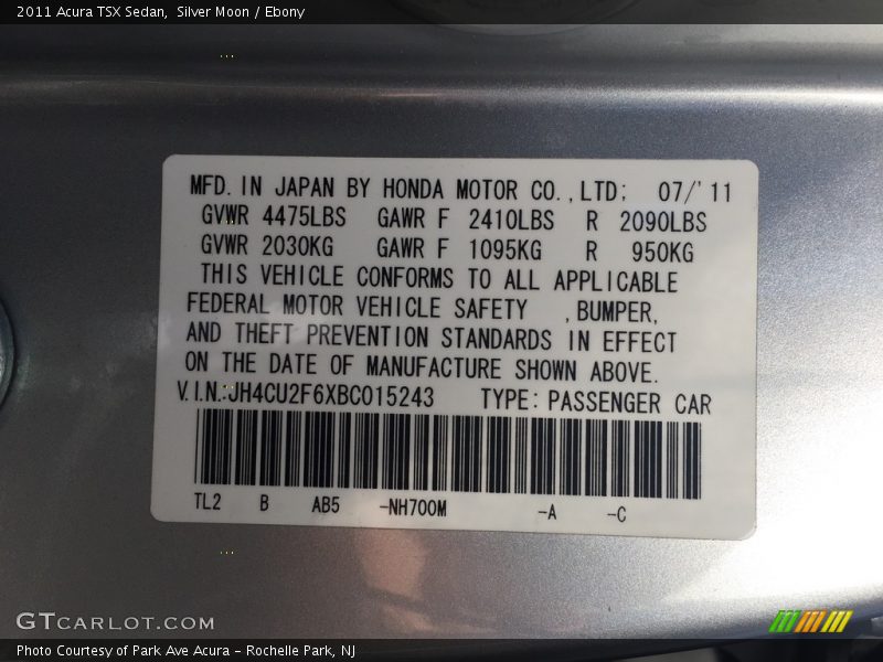 Silver Moon / Ebony 2011 Acura TSX Sedan