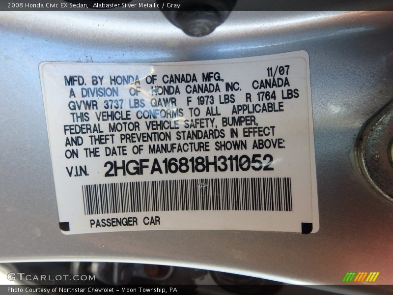 Alabaster Silver Metallic / Gray 2008 Honda Civic EX Sedan