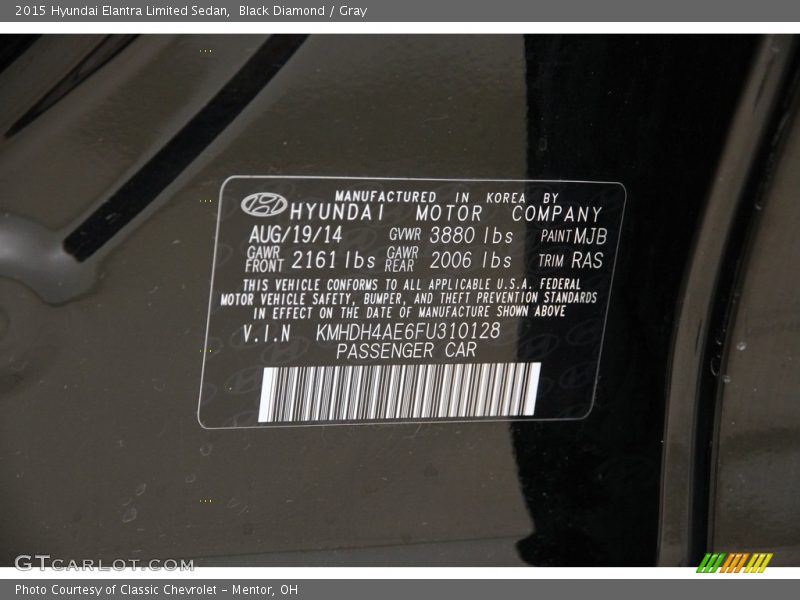 Black Diamond / Gray 2015 Hyundai Elantra Limited Sedan