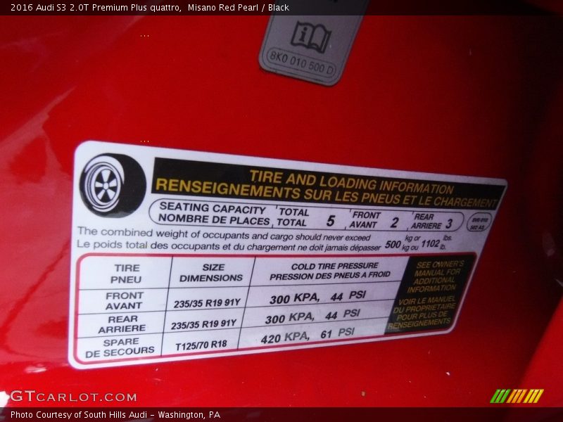 Info Tag of 2016 S3 2.0T Premium Plus quattro