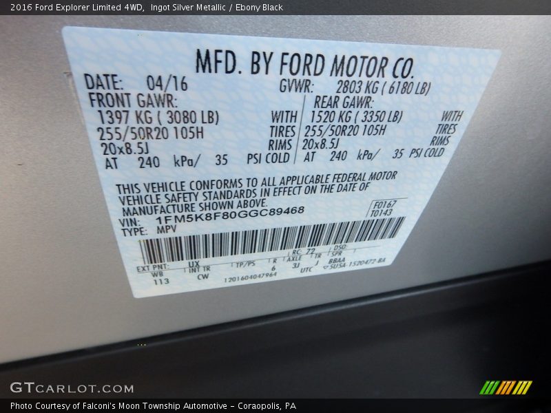 Ingot Silver Metallic / Ebony Black 2016 Ford Explorer Limited 4WD
