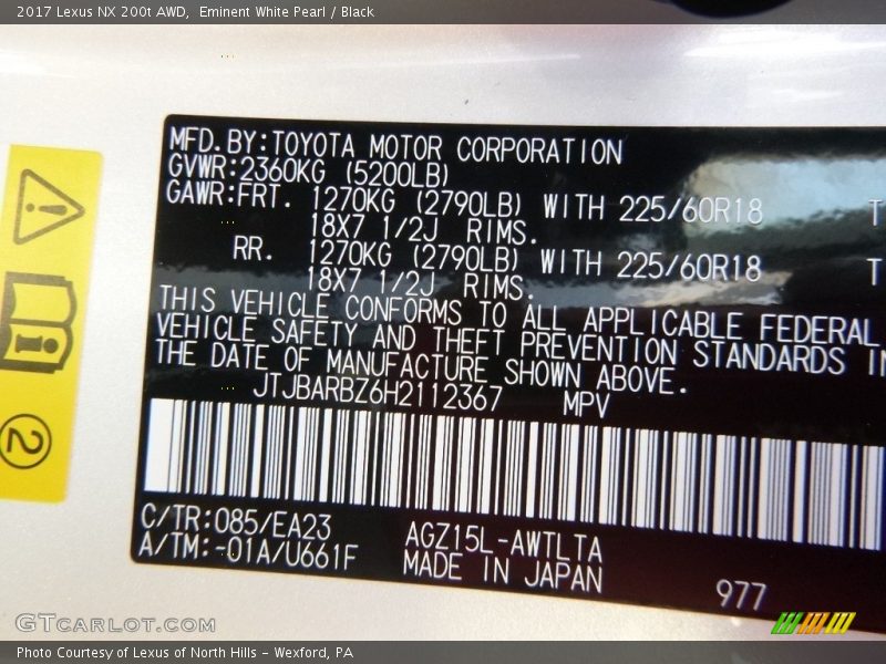 2017 NX 200t AWD Eminent White Pearl Color Code 085
