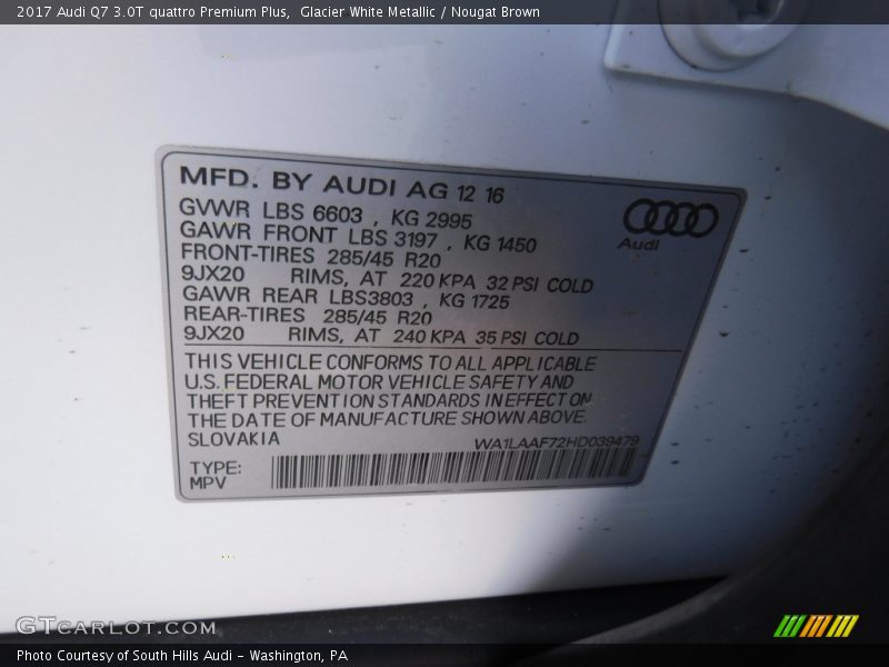 Glacier White Metallic / Nougat Brown 2017 Audi Q7 3.0T quattro Premium Plus