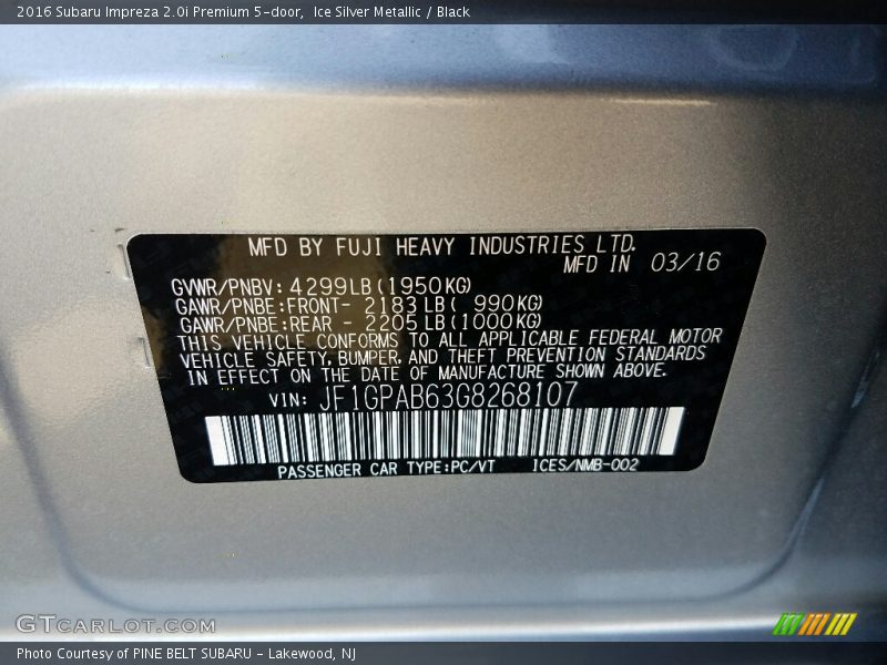 Ice Silver Metallic / Black 2016 Subaru Impreza 2.0i Premium 5-door