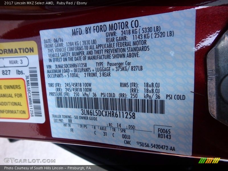 Ruby Red / Ebony 2017 Lincoln MKZ Select AWD