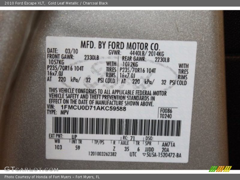 Gold Leaf Metallic / Charcoal Black 2010 Ford Escape XLT